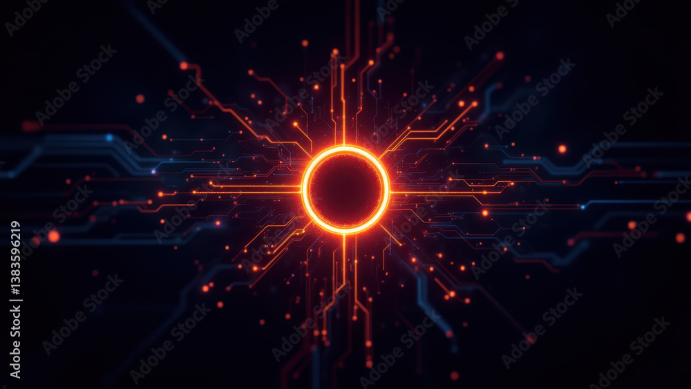 Poster cybersecurity digital art with a glowing central core against a network background.