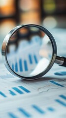 Analyzing business reports with a magnifying glass in an office environment detailed content focus