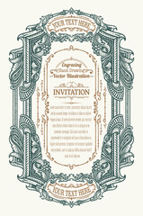 Elegant Vintage Engraving Invitation Frame with Scrollwork and Customizable Text Areas.