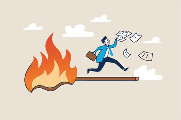 Toxic productivity, panic or burnout employee, overworked to finish work within timeline, hurry to complete multitasking or urgent work schedule concept, productive businessman on burning matchstick.