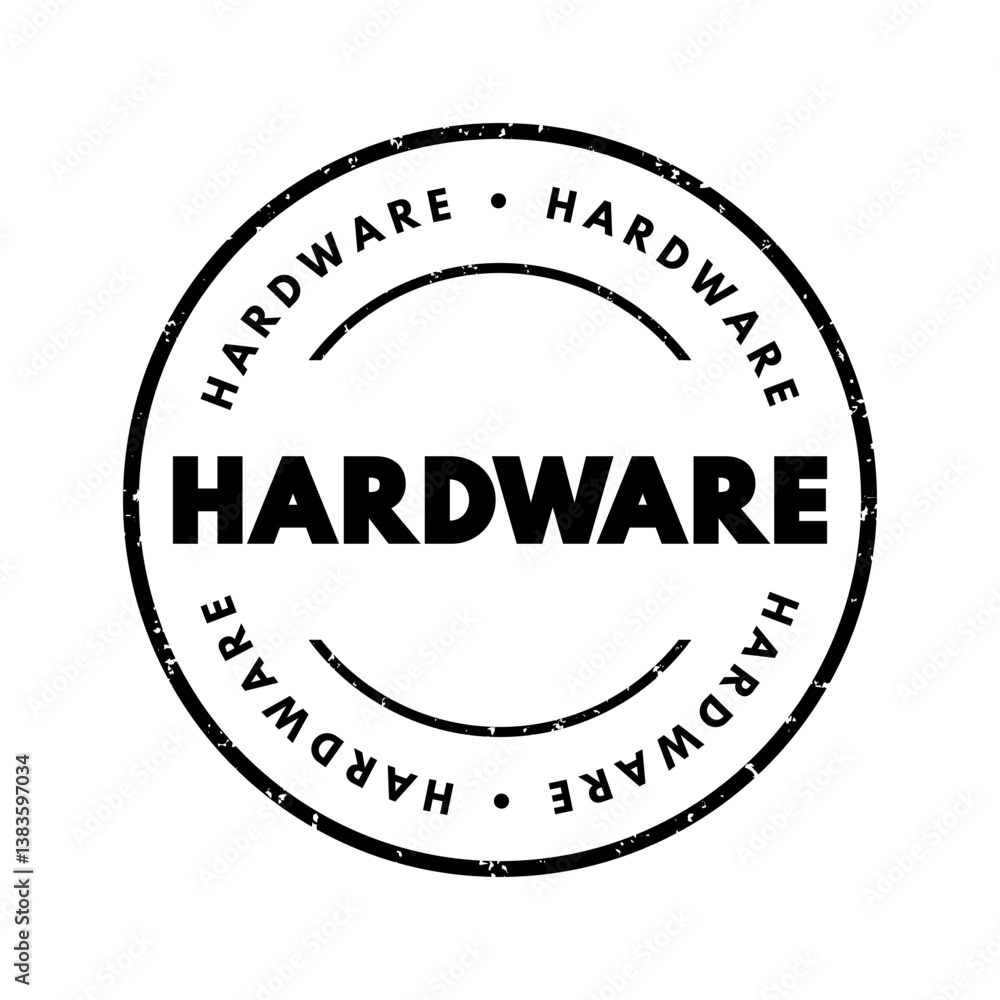 Poster hardware - physical components of the computer system, text concept stamp