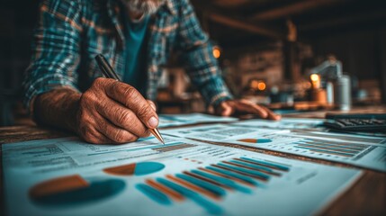 Naklejka premium Close up of weathered hands reviewing financial charts and graphs in a rustic setting.