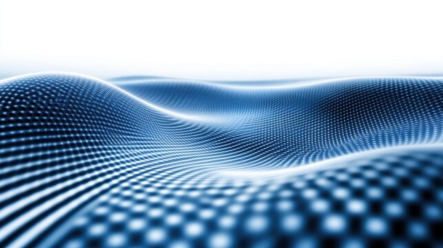 A digital landscape with flowing blue waves and dotted textures, representing innovation.