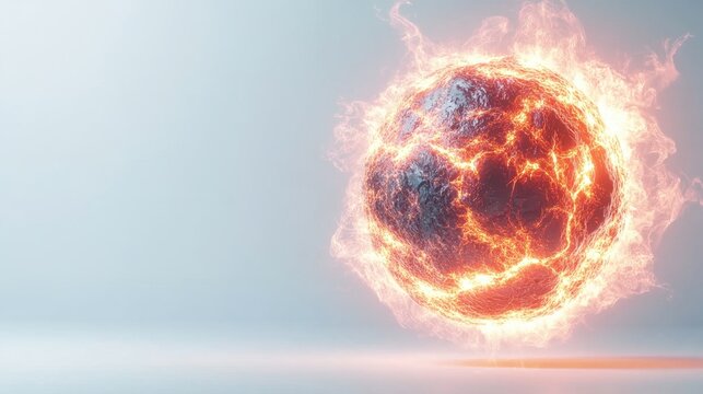A fiery celestial sphere radiates energy and vibrant colors against a light background.