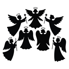  Silhouette of Three Angels with Wings and Halos, One Playing Violin, One with Star Wand, and One Praying – Religious Christmas Symbol in Black on White Background