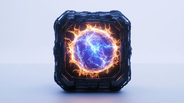 A futuristic orb emitting electric energy in a sleek black frame.
