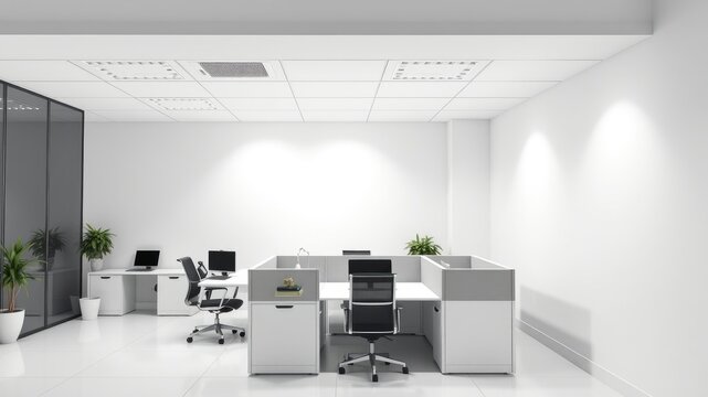 Modern minimalist office workspace design with sleek white furniture and efficient layout