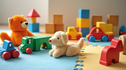 A variety of colorful children's toys scattered across a soft play mat, including wooden blocks, stuffed animals, and plastic cars