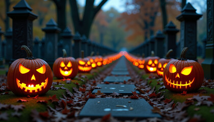 Lit Jack-o'-Lanterns Path in Spooky Cemetery