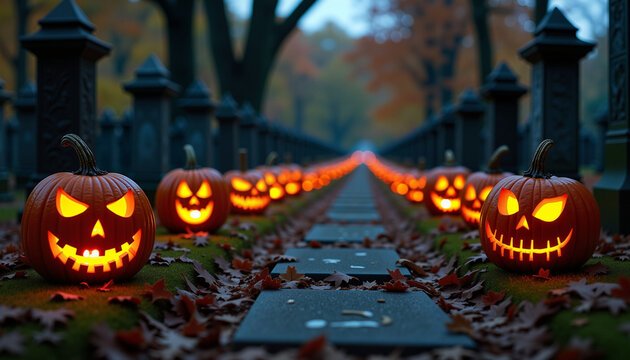Lit Jack-o'-Lanterns Path in Spooky Cemetery