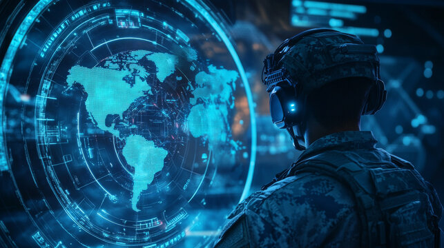 Fototapeta HUD military ui futuristic user interface.3d explose global world with target shoot. Digital screen of head up display dashboard panel, blue holograms of circular diagram, technology and war gaming.