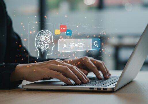 A person uses a laptop, illustrating an AI search concept with a glowing digital interface.