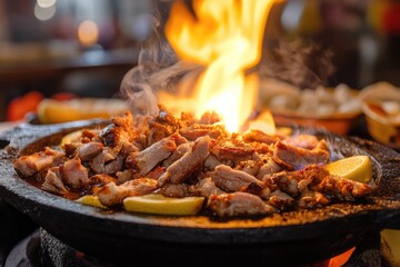 Close up shot of meat and lemon slices on a sizzling plate with flames rising from the dish outdoors
