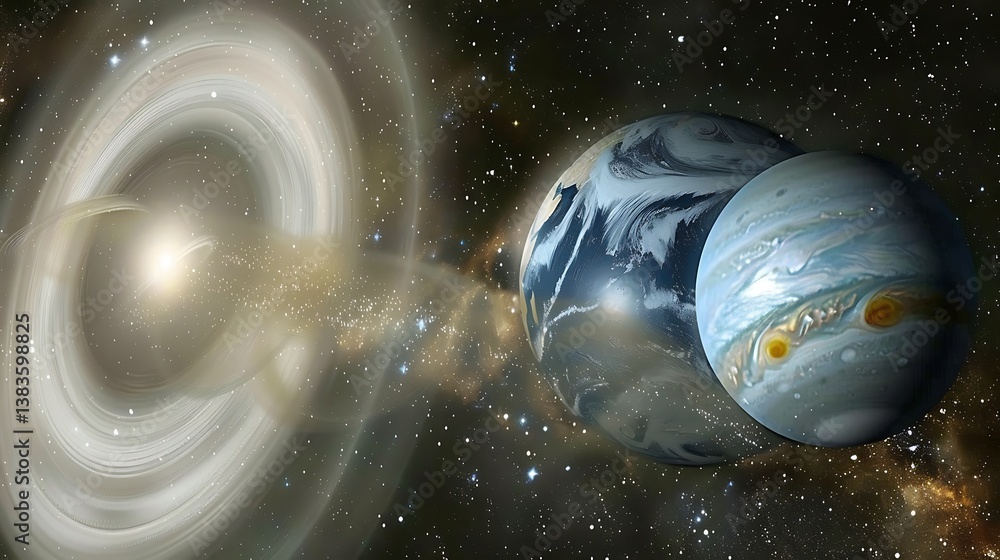 Poster celestial bodies and a bright luminous source in deep space