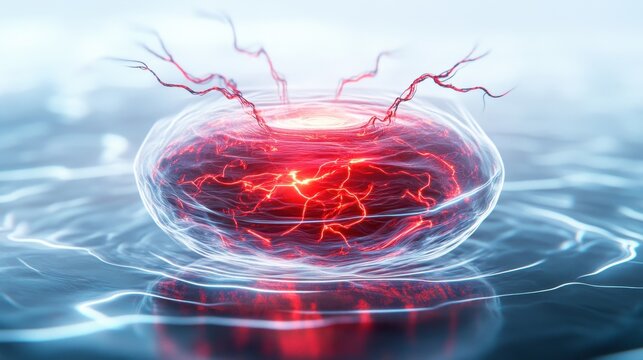 A glowing orb of energy creating electric waves in water.