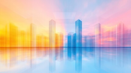 Dreamlike Cityscape at Sunrise: A Pastel Metropolis Reflecting in Calm Waters