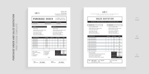 Minimal black and white purchase order and sales quotation design template set