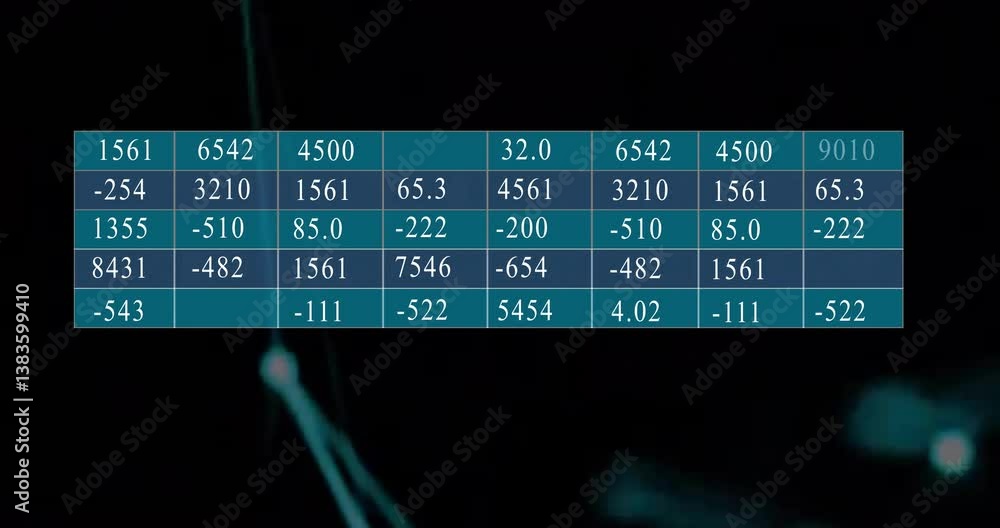 Poster numerical data table with blue lines over abstract dark background animation