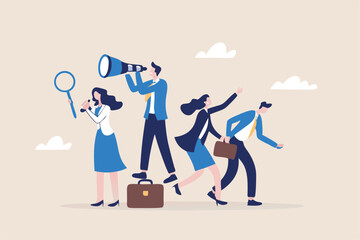 Recruitment, human resources searching for candidate, hiring or finding staff for vacancy, marketing search for client or customer concept, business people searching with binoculars and megaphone.