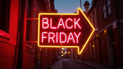 Fototapeta premium Bold Black Friday neon sign in fiery red and electric yellow, framed with a dynamic light burst effect, suspended in mid-air against a dark urban alley backdrop