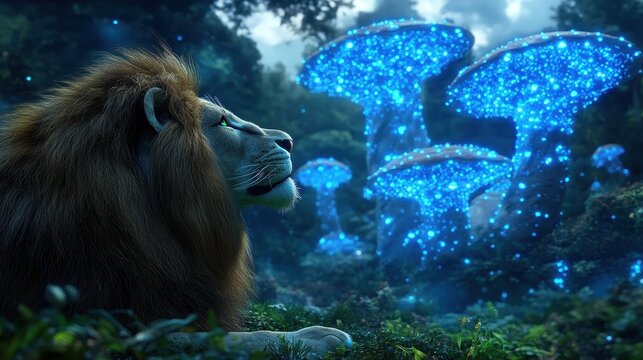 A majestic lion gazes at glowing blue mushrooms in a mystical forest setting.