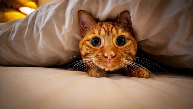 A playful close-up of a curious cat's face peering over the edge of a bed, with wide, bright eyes and whiskers brushing the camera lens