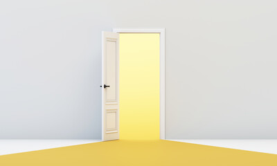 Single white door opens to glowing yellow path, symbolizing clarity, opportunity, and new direction in modern minimalist setting. 3d rendering.