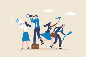 Recruitment, human resources searching for candidate, hiring or finding staff for vacancy, marketing search for client or customer concept, business people searching with binoculars and megaphone.