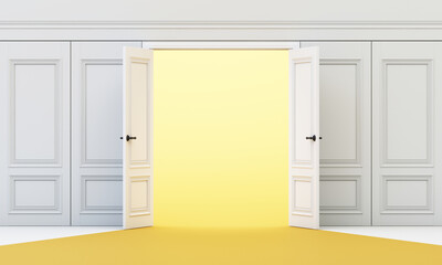 Wide double doors open from white panel wall into soft glowing yellow, merging elegance, simplicity, and symbolic change. 3d rendering.