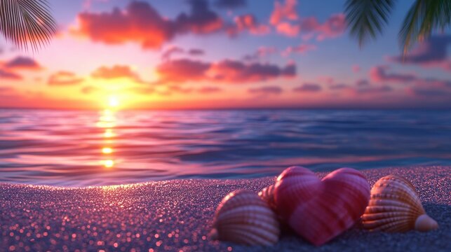 A serene beach sunset with seashells on the warm sandy shore.