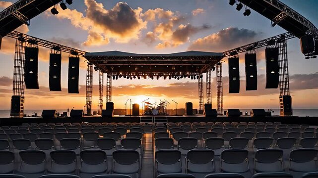 Outdoor concert stage setup facing rows of empty chairs at sunset with professional sound system and scenic cloudy sky backdrop

