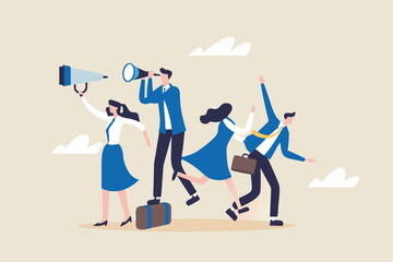 Recruitment, human resources searching for candidate, hiring or finding staff for vacancy, marketing search for client or customer concept, business people searching with binoculars and megaphone.