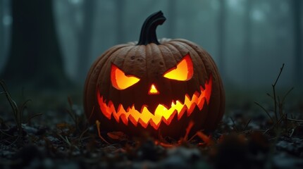 Obraz premium Close-up of a sinister jack-o'-lantern with sharp, menacing eyes and a jagged grin, glowing from within against a dark foggy background, eerie Halloween atmosphere