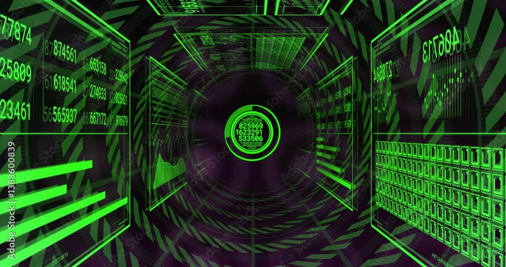 Poster animation of green numbers and data projections in futuristic digital tunnel