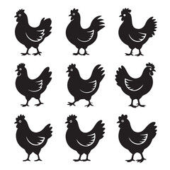   Set of Cartoon Chicken Character Silhouettes in Funny Poses – Collection of Comedic Bird Expressions and Movements for Humor and Animation Projects