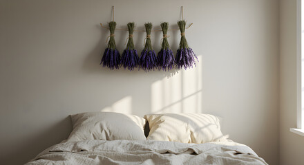 Wall Mounted Dried Lavender Bundle Above A Bed In A Minimalist Bedroom