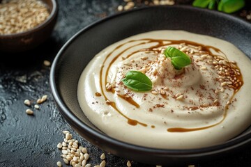 A bowl of creamy hummus topped with basil leaves, sesame seeds and a drizzle of dark sauce served fresh
