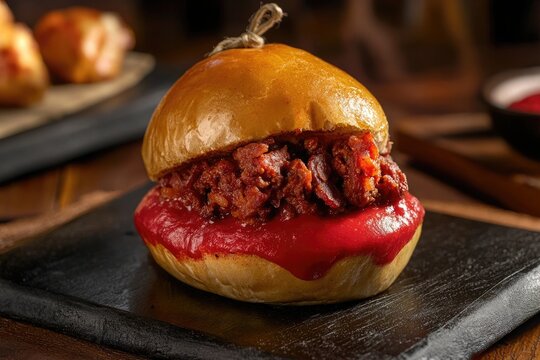 Close up of a gourmet burger with beetroot sauce and meat filling on a black slate plate