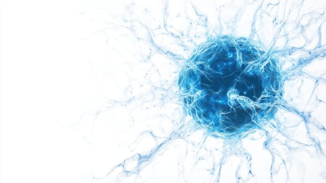 A vibrant blue water splash creating a dynamic, abstract shape on a white background.