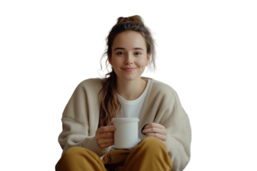 Smiling Woman Enjoys a Cozy Moment With a Cup of Warm Beverage While Sitting Comfortably Indoors