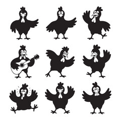  Set of Cartoon Chicken Character Silhouettes in Funny Poses – Collection of Comedic Bird Expressions and Movements for Humor and Animation Projects