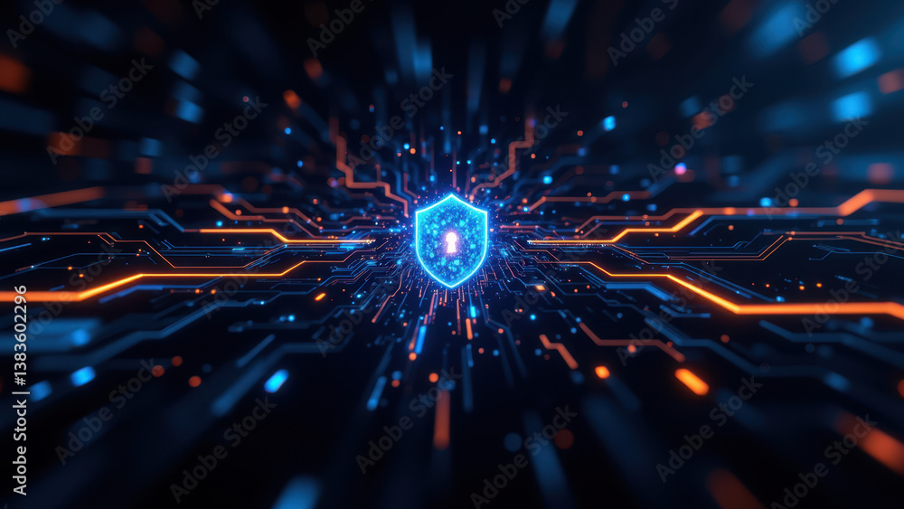 Poster cybersecurity digital wall with futuristic blue and orange colors and abstract hexagon pattern at ce