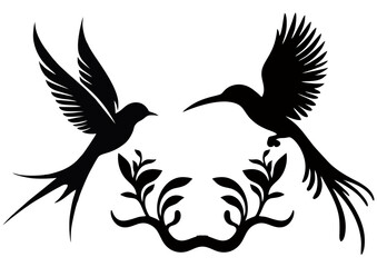 Symmetrical Flying Birds with Decorative Leaves Vector Design