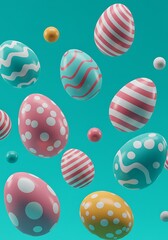 Obraz premium A playful pastel Easter egg hunt against a vibrant turquoise backdrop, showcasing a delightful array of polka dots, stripes, and wavy patterns in a fun, celebratory springtime design.