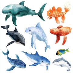 A vibrant collection of various marine creatures in watercolor style.