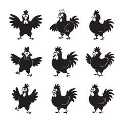  Set of Cartoon Chicken Character Silhouettes in Funny Poses – Collection of Comedic Bird Expressions and Movements for Humor and Animation Projects