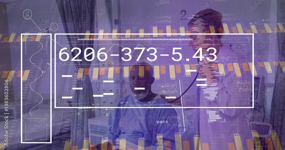 Poster examining patient, doctor with data processing animation overlay in hospital setting