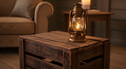 Vintage Lantern Glows on Rustic Wooden Crate Table in Cozy Interior