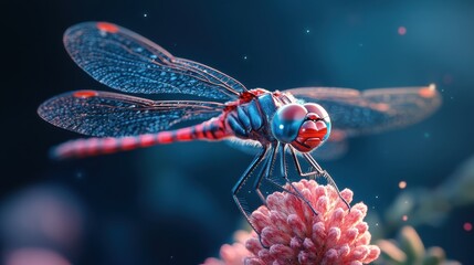 A vibrant dragonfly perched on a pink flower, showcasing nature's beauty.
