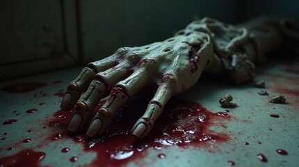 Severed zombie hand with decaying flesh and exposed bones, resting on a blood-stained floor, realistic horror details